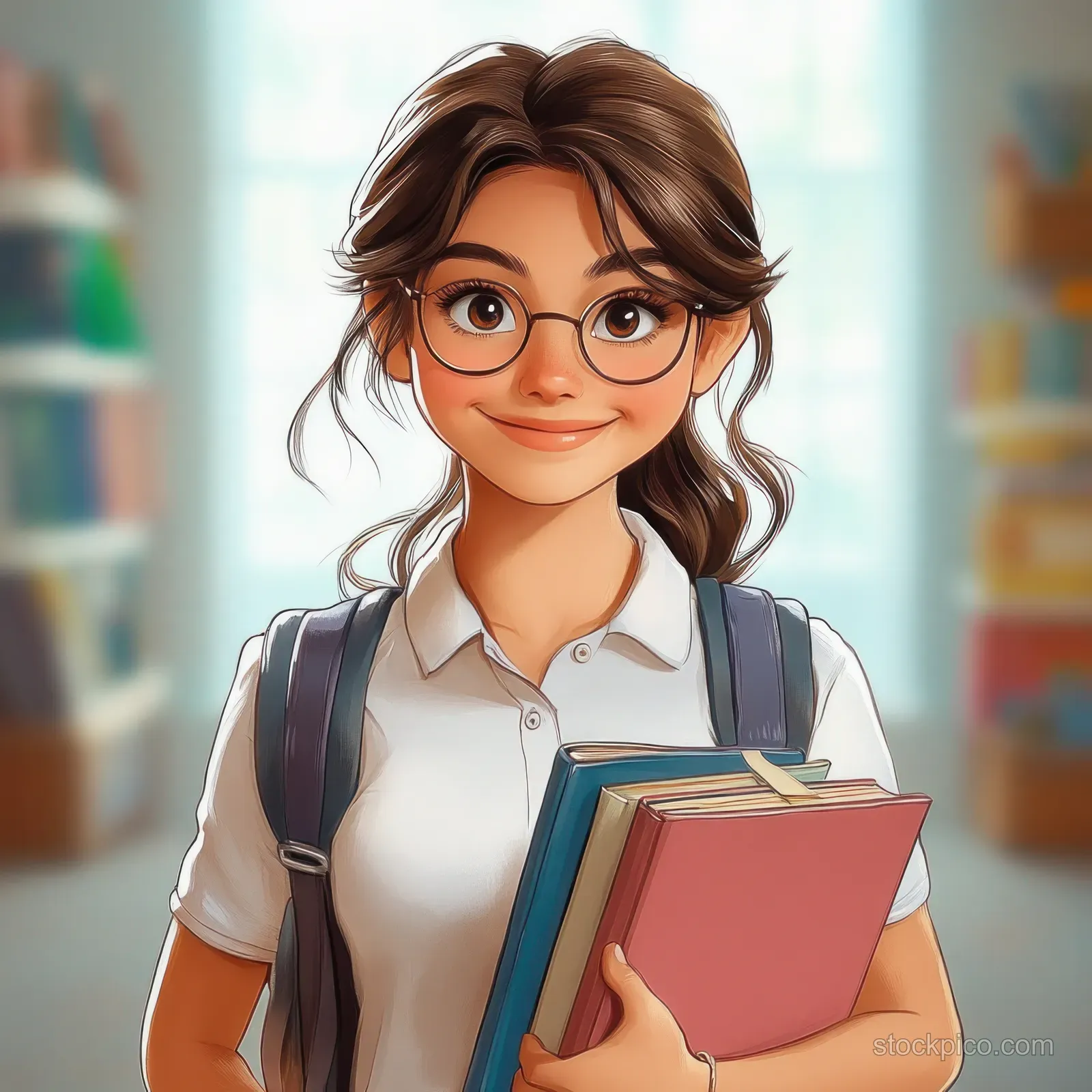 Smiling cartoon schoolgirl with glasses holds books while wearing a backpack on a pink background.