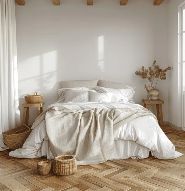 A white boho bedroom with a large bed and layered bedding on a wooden parquet floor under soft window light.