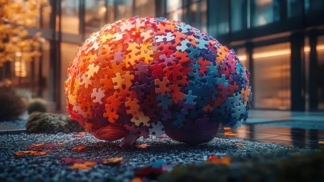 Colorful jigsaw brain sculpture on floor with puzzle pieces and cinematic window reflections