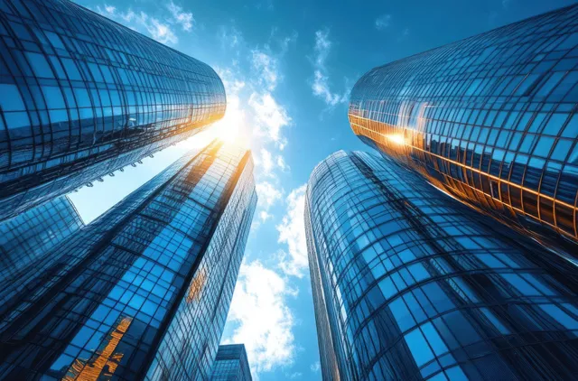 Low-angle view of two reflective glass skyscrapers in a futuristic Milan cityscape under a bright blue sky.