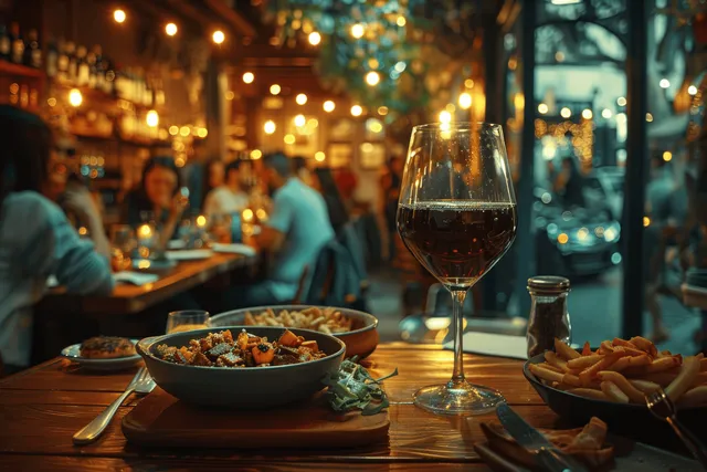 A cozy Spanish tapas bar at sundown with friends enjoying wine and small plates in warm, inviting lighting.