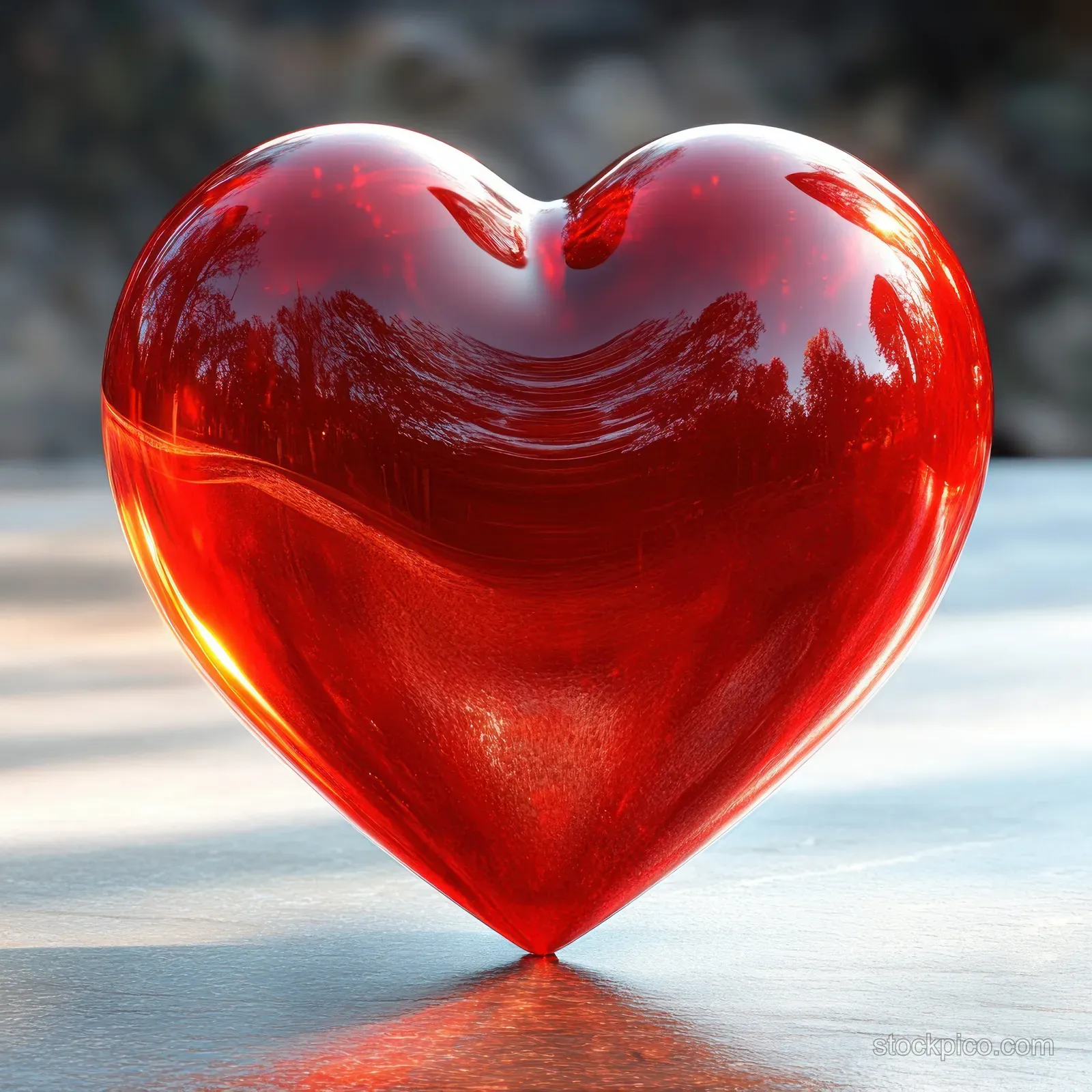 A shiny red glass heart sculpture with reflective highlights sits on an outdoor surface.