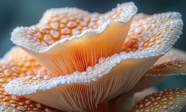 Macro view of mushroom cap gills with frosty speckled texture on dark tabletop