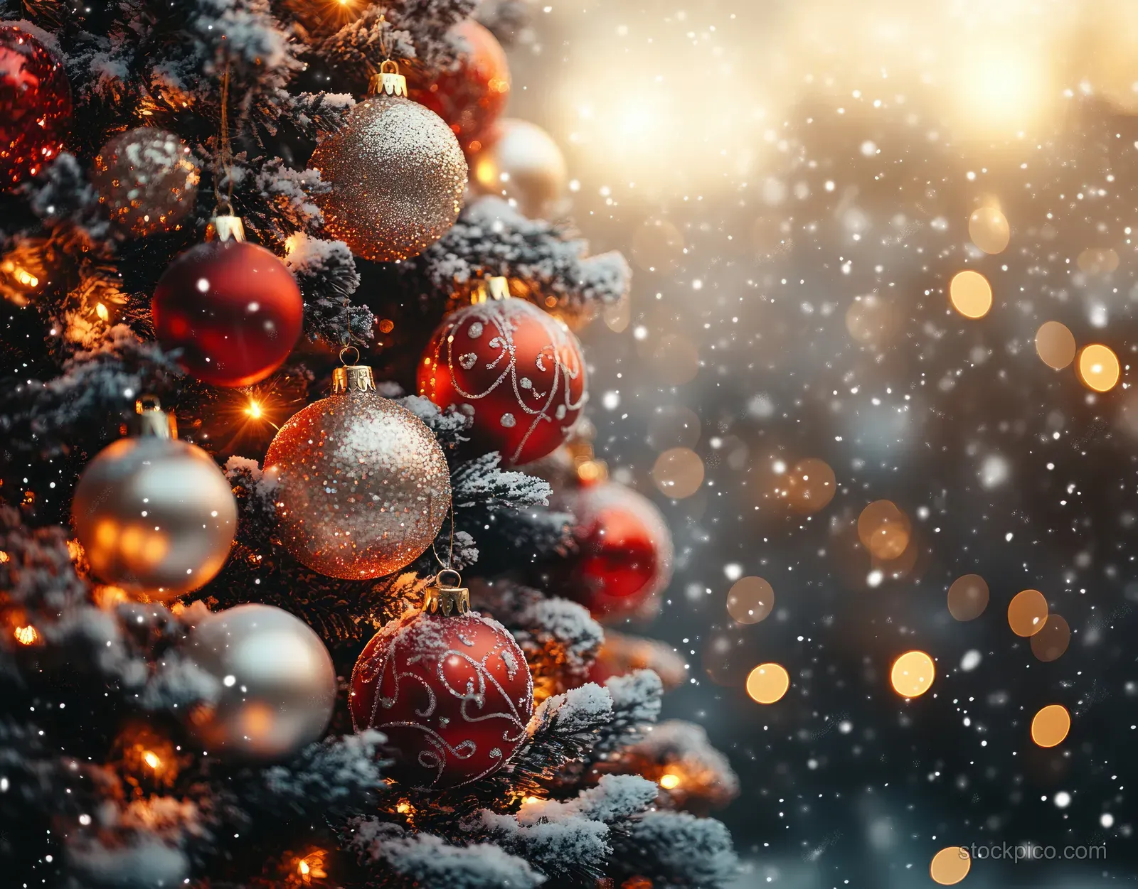 Snow-covered Christmas tree branches with red ornaments glow under soft fairy lights against a winter bokeh background.