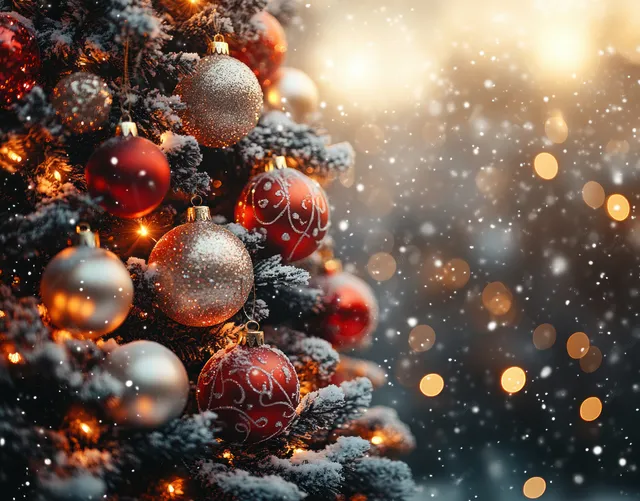 Snowy Christmas tree close-up with red ornaments and glowing fairy lights in winter bokeh with Rain Of Light Particles