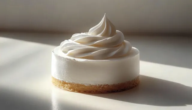 Single round cupcake with white whipped cream swirl on a light surface and soft shadow