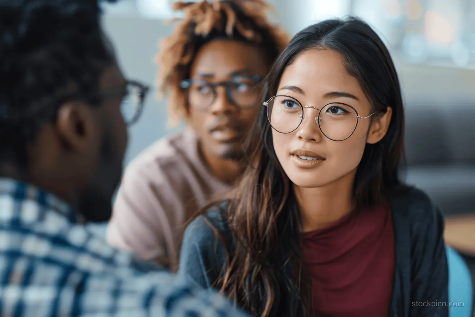 Young Asian woman with glasses listens during an indoor group therapy session while others sit in a circle.