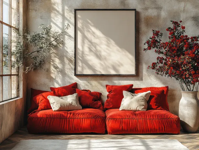 Red modular sofa in a cozy living room with a blank framed poster, floral vase, and warm sunlight shadows.