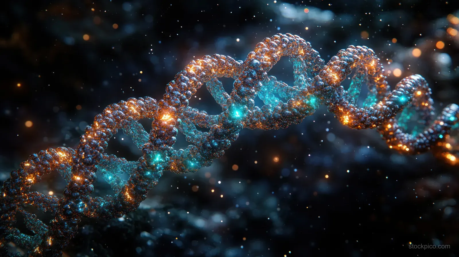 A glowing 3D DNA double helix floats in space with sparkling particles and soft blue and orange ambient lighting.