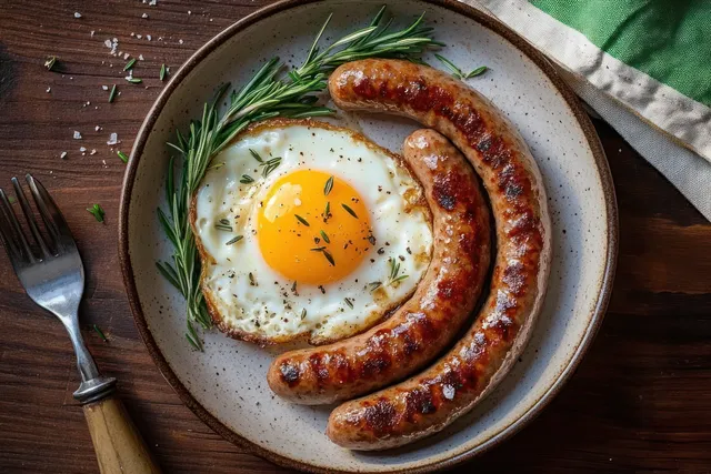 Plate with two grilled sausages and a sunny side up egg garnished with rosemary on a wooden table beside a fork.