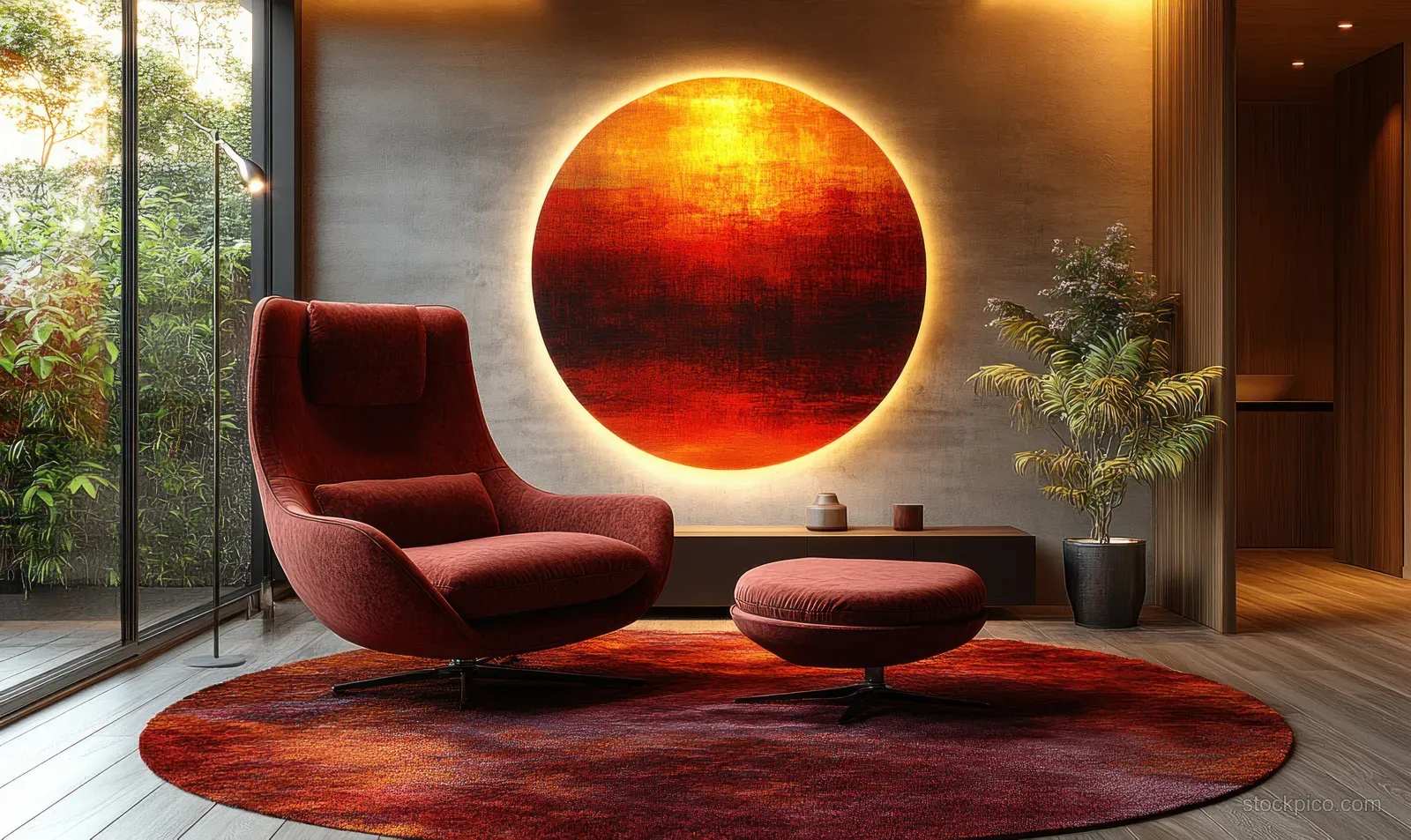 Maroon velvet lounge chair and round ottoman on a red rug with warm circular wall light in a modern living room.