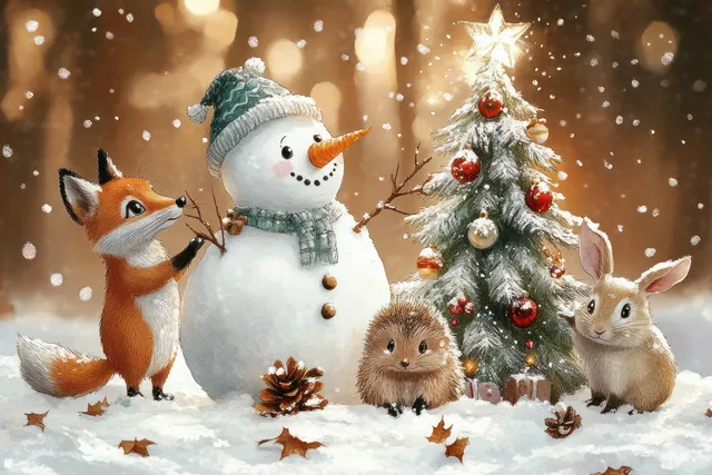 Fox, rabbit, and hedgehog stand beside a smiling snowman and decorated Christmas tree while snowflakes fall.