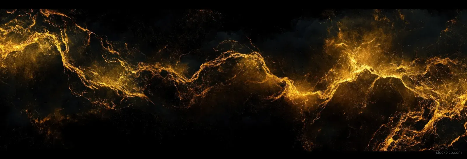 Golden electric lightning energy streaks crackle horizontally across a black background, glowing with bright radiance.