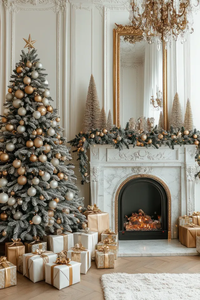 A decorated Christmas tree stands beside a glowing marble fireplace with candles and wrapped presents in a lit living room.