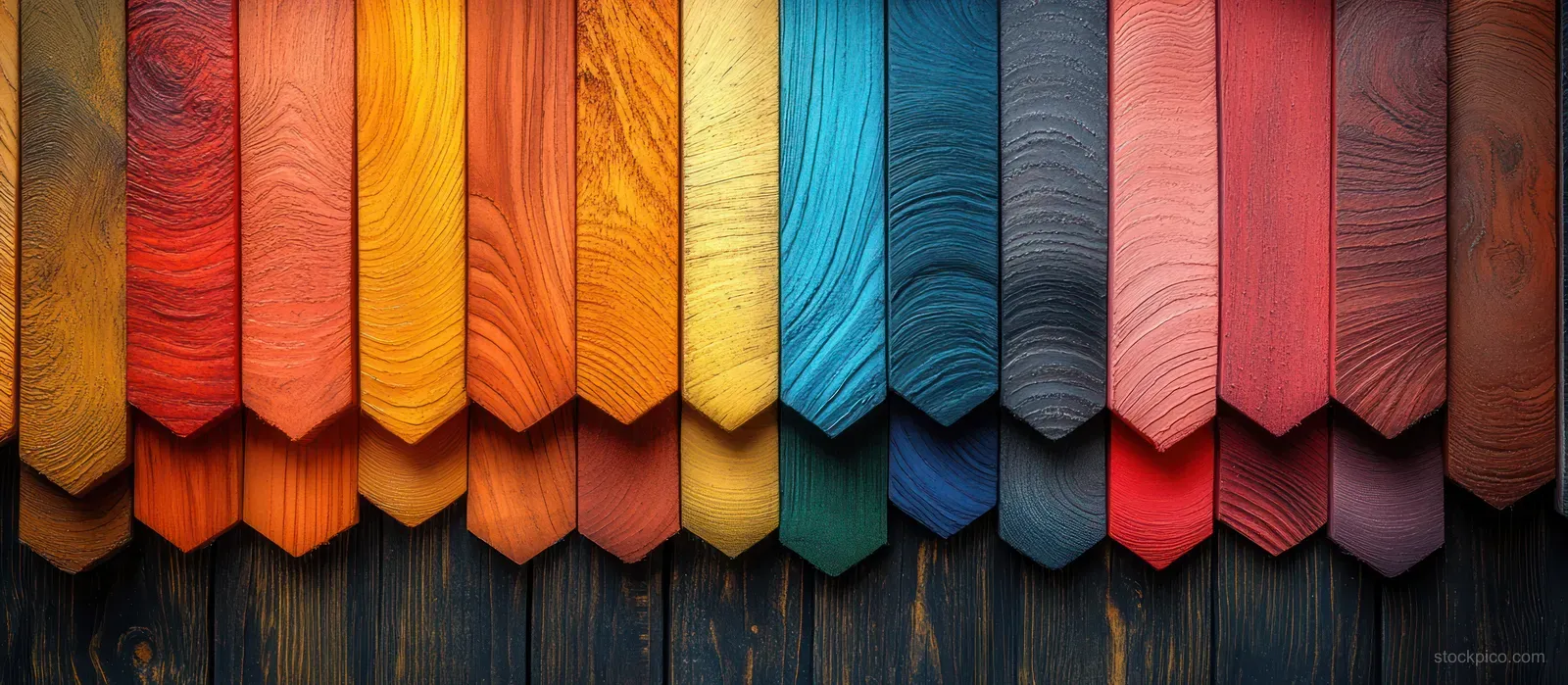 Colorful wood-grain laminate swatch strips are lined up in a rack against a dark background.