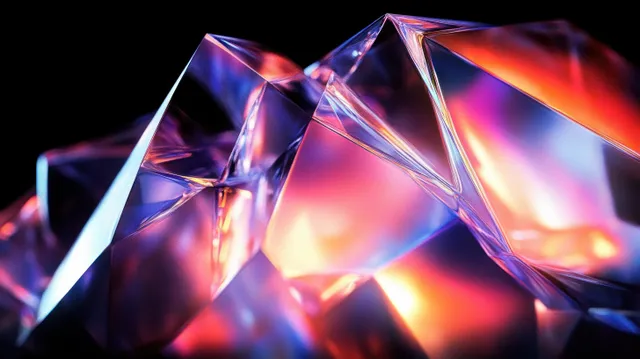 Translucent crystal facets refract pink, purple, orange, and blue light in a glowing macro close-up.