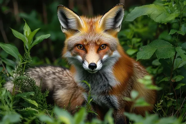 A red fox resting in green forest foliage with its alert eyes visible between leaves.