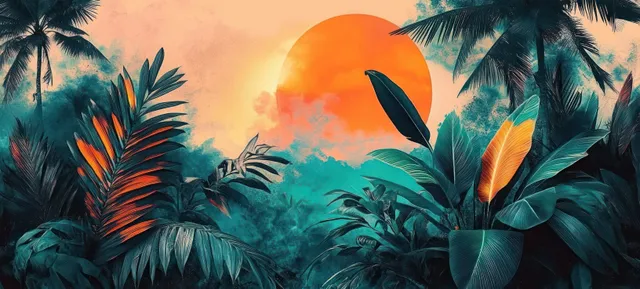 Teal and green jungle leaves surround a glowing orange sun with palm silhouettes in an illustrated scene.