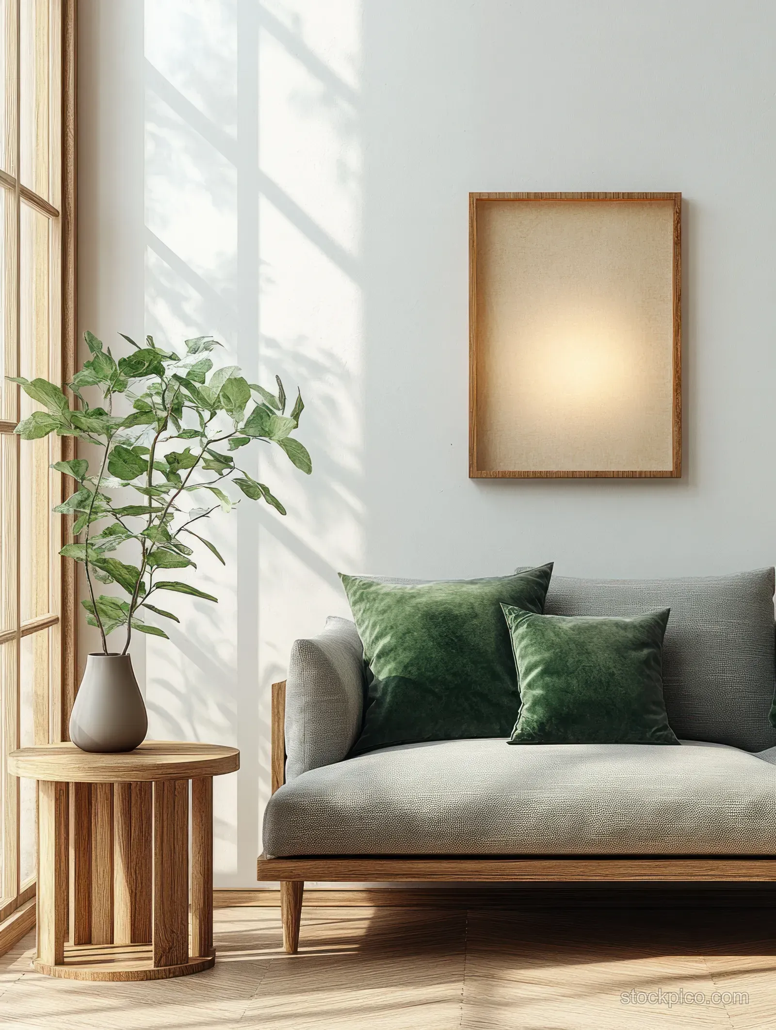 Gray sofa with green cushions sits in a sunlit minimalist living room beside a potted plant and a framed wall artwork.