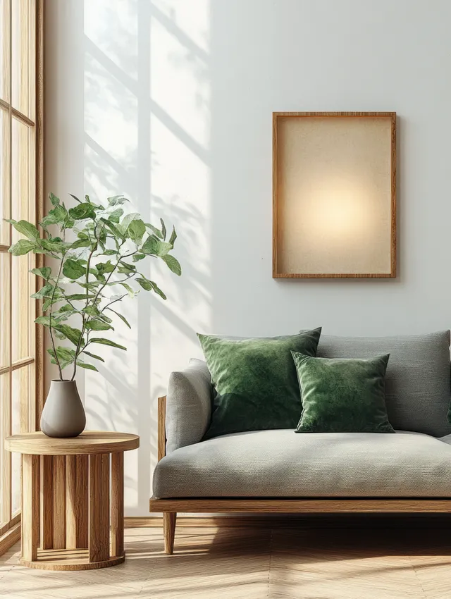 Gray sofa with green cushions sits in a sunlit minimalist living room beside a potted plant and a framed wall artwork.