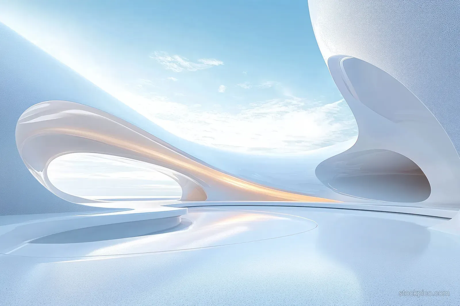 Futuristic white interior corridor with smooth curved walls, glossy floor, and bright ambient lighting.