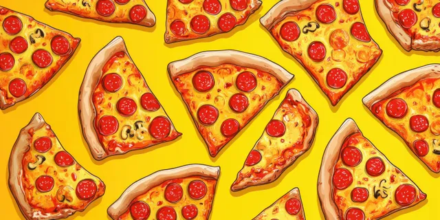 Pepperoni pizza slices with melted cheese arranged on a bright yellow background.