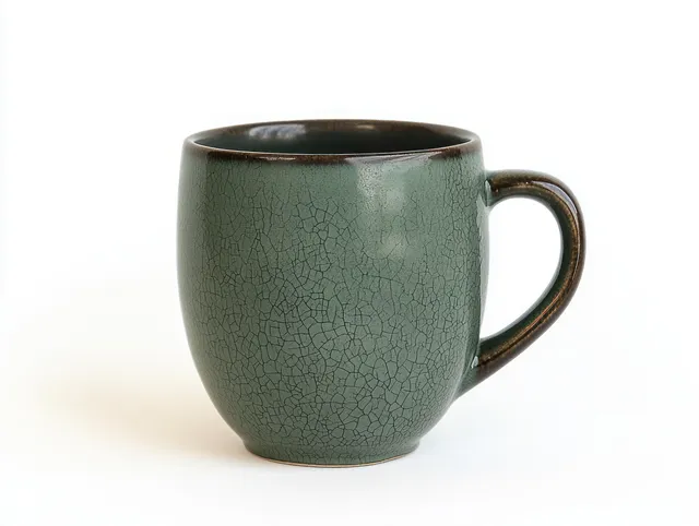 Green crackled ceramic coffee mug with handle placed on a white background.