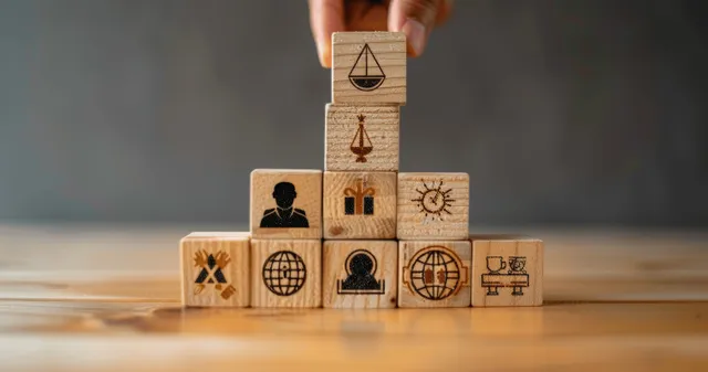 A hand places a balance scale block on a tower of governance and sustainability icons.