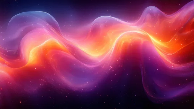 Swirling purple and orange light trails undulating across a dark starry background