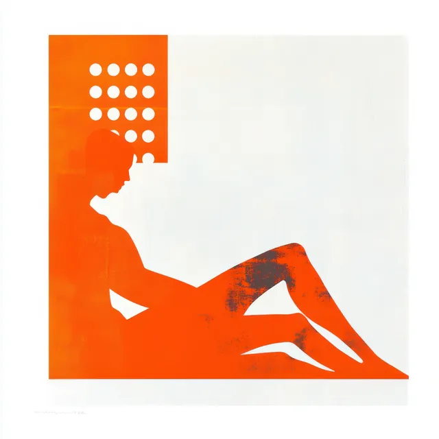 An abstract orange silhouette of a seated person with bent knees rests beside a vertical dotted panel on a white background.
