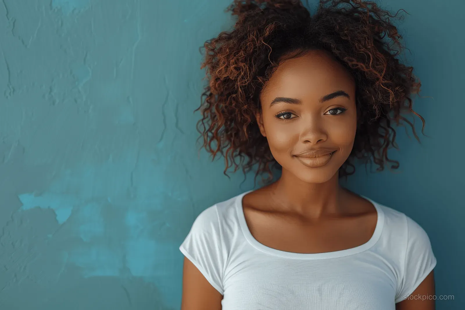 Young woman with curly hair smiles in front of a textured blue wall, wearing a white t-shirt.