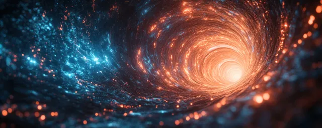 Cyberpunk data tunnel swirling lights connecting neural network nodes in dark cyberspace
