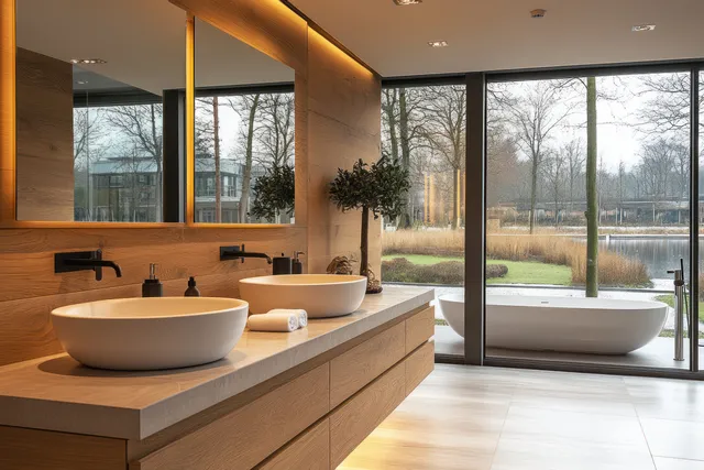 Wooden double-sink vanity and mirrors in a minimalist bathroom with a sunlit bathtub beside large windows.