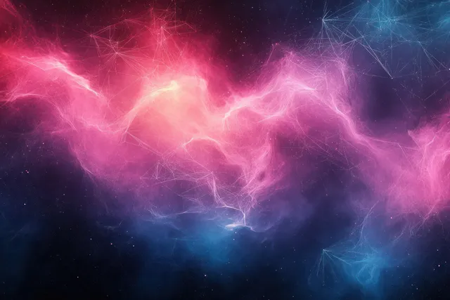 Glowing pink and blue nebula stretches across dark space with star points and geometric lines