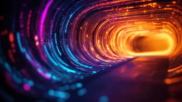 Colorful neon light trails spiral into a glowing tunnel core in a futuristic abstract technology scene.