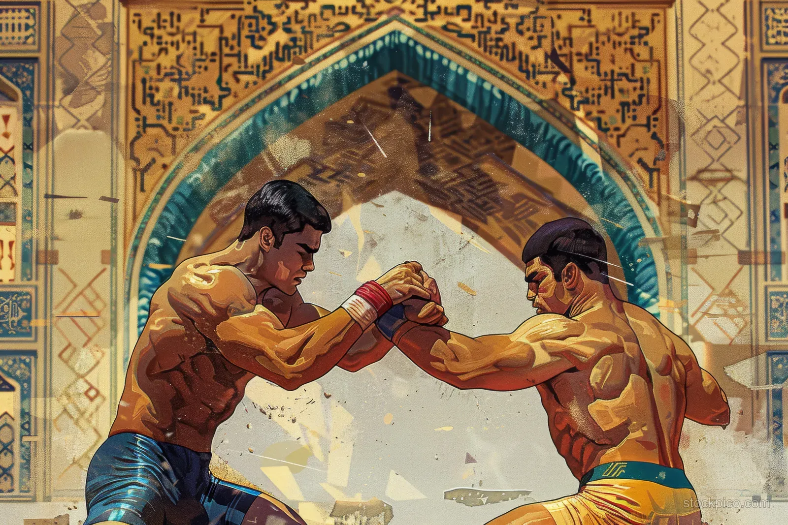 Two Iranian freestyle wrestlers grapple under a detailed Persian arch, shown in dynamic pulling positions.