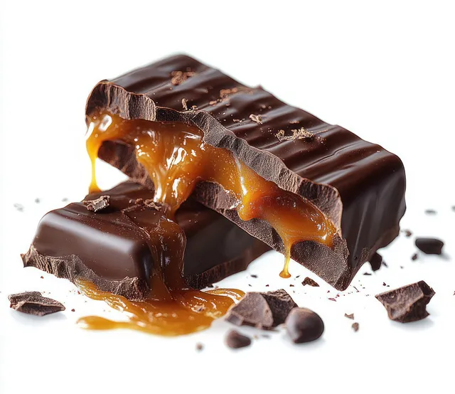 Broken dark chocolate bar with molten caramel oozing onto scattered chocolate pieces on a white background.