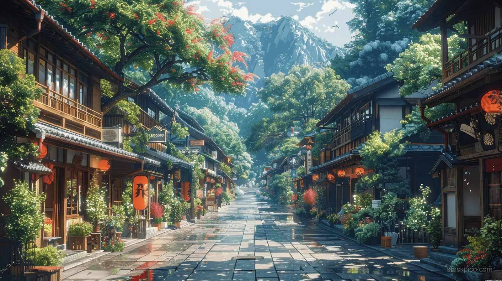 Anime-style Japanese street with lanterns, traditional wooden houses, and warm late afternoon light toward misty mountains.