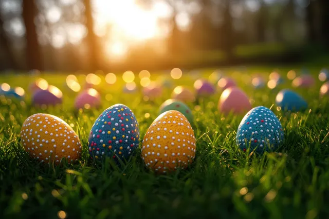 Decorated Easter eggs scattered across sunlit meadow grass during golden hour.