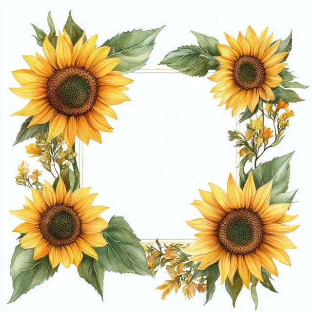 Watercolor sunflower corner frame with green leaves and small golden botanical sprigs