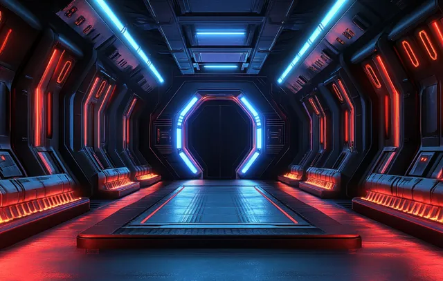 Empty neon sci-fi corridor with glowing floor runway and circular portal at the end.