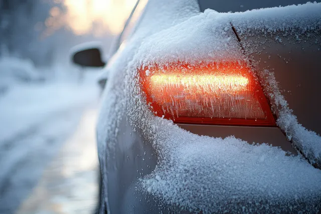Close-up rear tail light glowing through frost on a snow-covered road at winter dawn