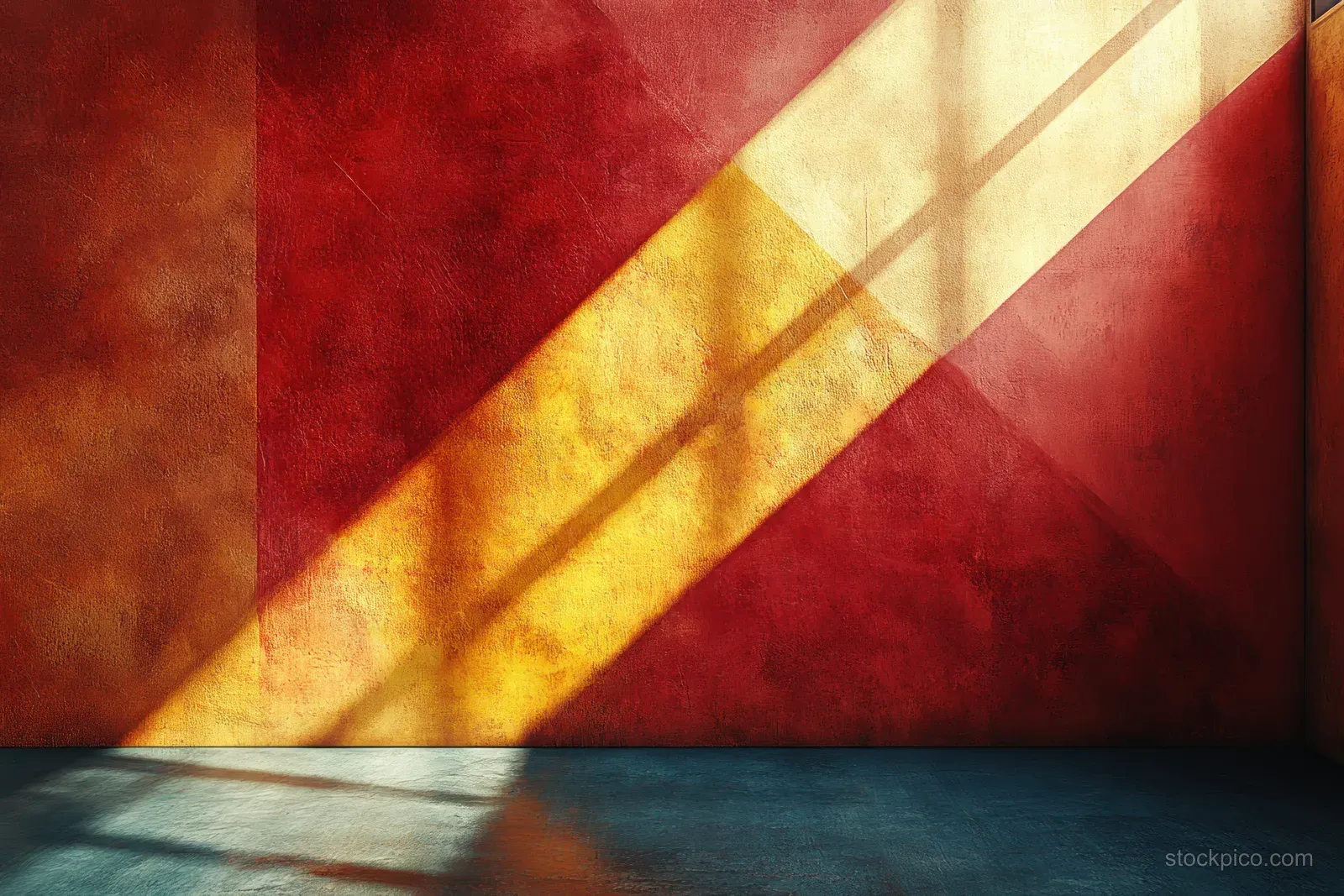 Textured red wall with a glowing gold diagonal brush stroke and angled shadows.