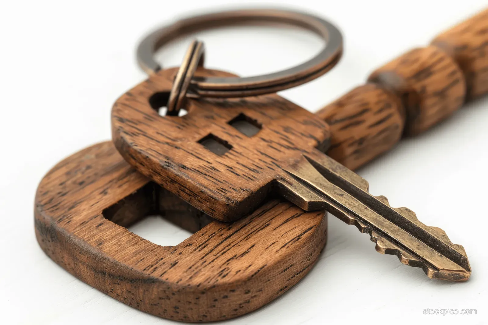 Wooden house keychain charm with metal keys arranged on a white background.