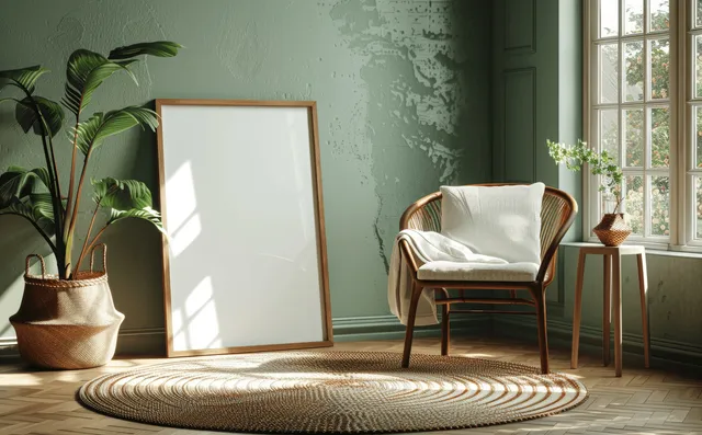 Empty poster frame leans in a sunlit cozy room with light green walls, wicker chair, and leafy plant.