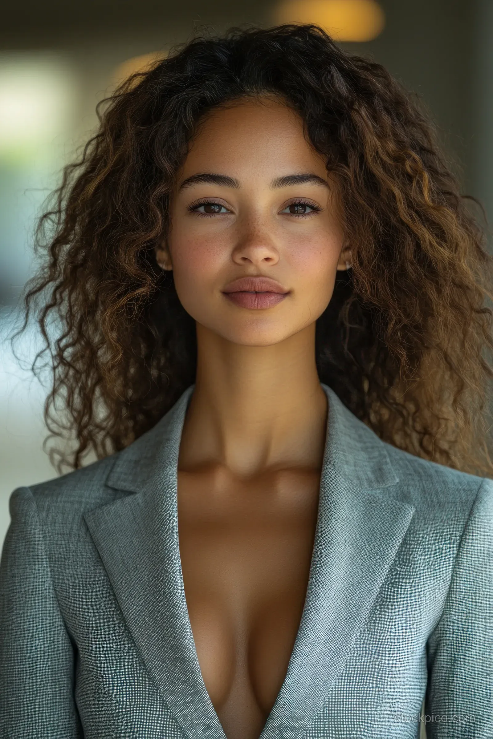 Confident young African American woman in a gray blazer posing for a corporate portrait with curly hair and a smile.