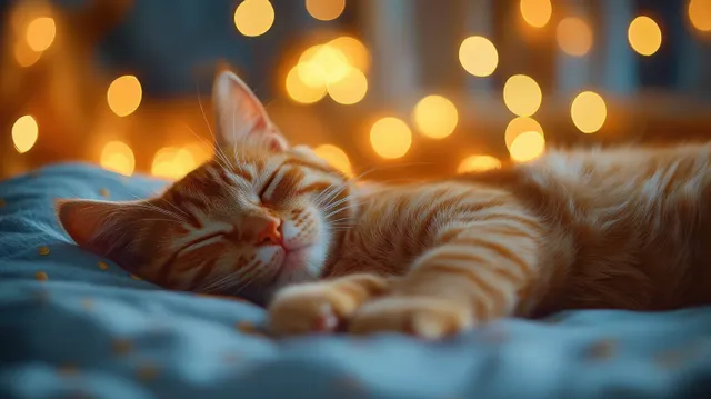 An orange tabby cat sleeping on a soft bed with warm golden bokeh lights behind it.