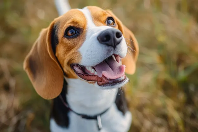 Close-up smiling brown and white beagle-like dog outdoors, tongue out and ears lifted