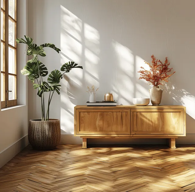 Wooden sideboard in a bright bedroom corner with sunlit parquet floor, plants, and a vase on top.