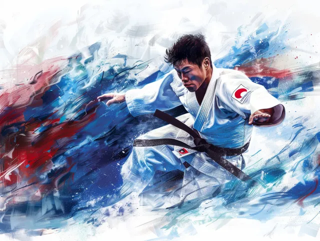 South Korean judoka executes a flying throw, blue-red motion splash behind him